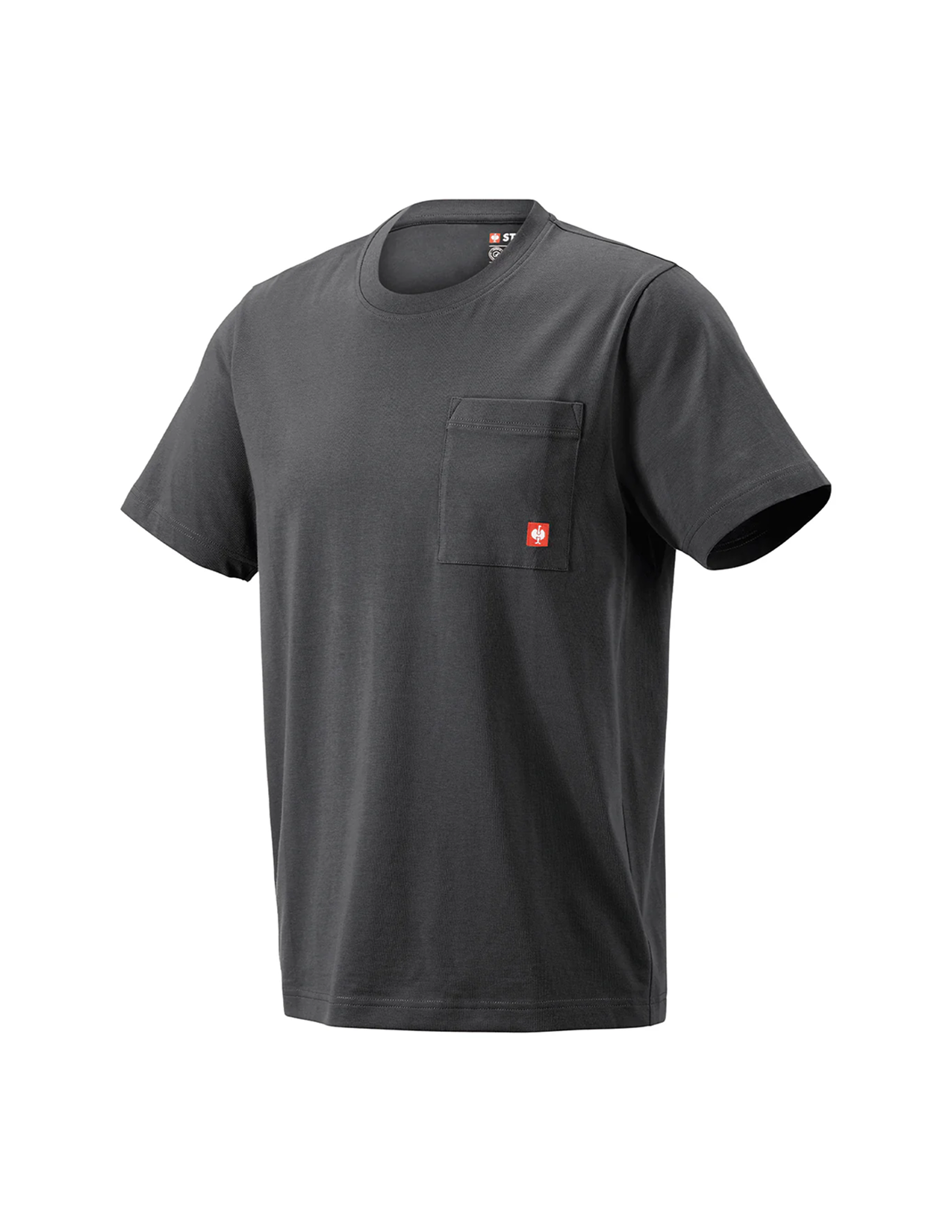 Black t-shirt with a pocket and a small red logo on a white background