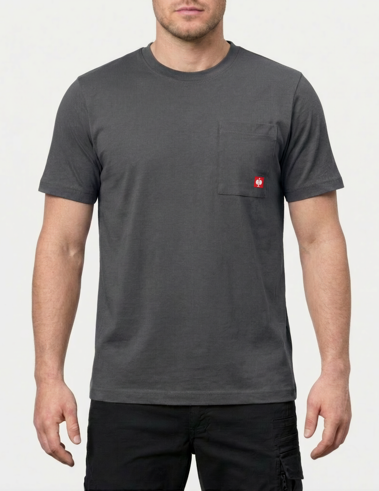Person wearing a gray t-shirt with a red logo on a white background