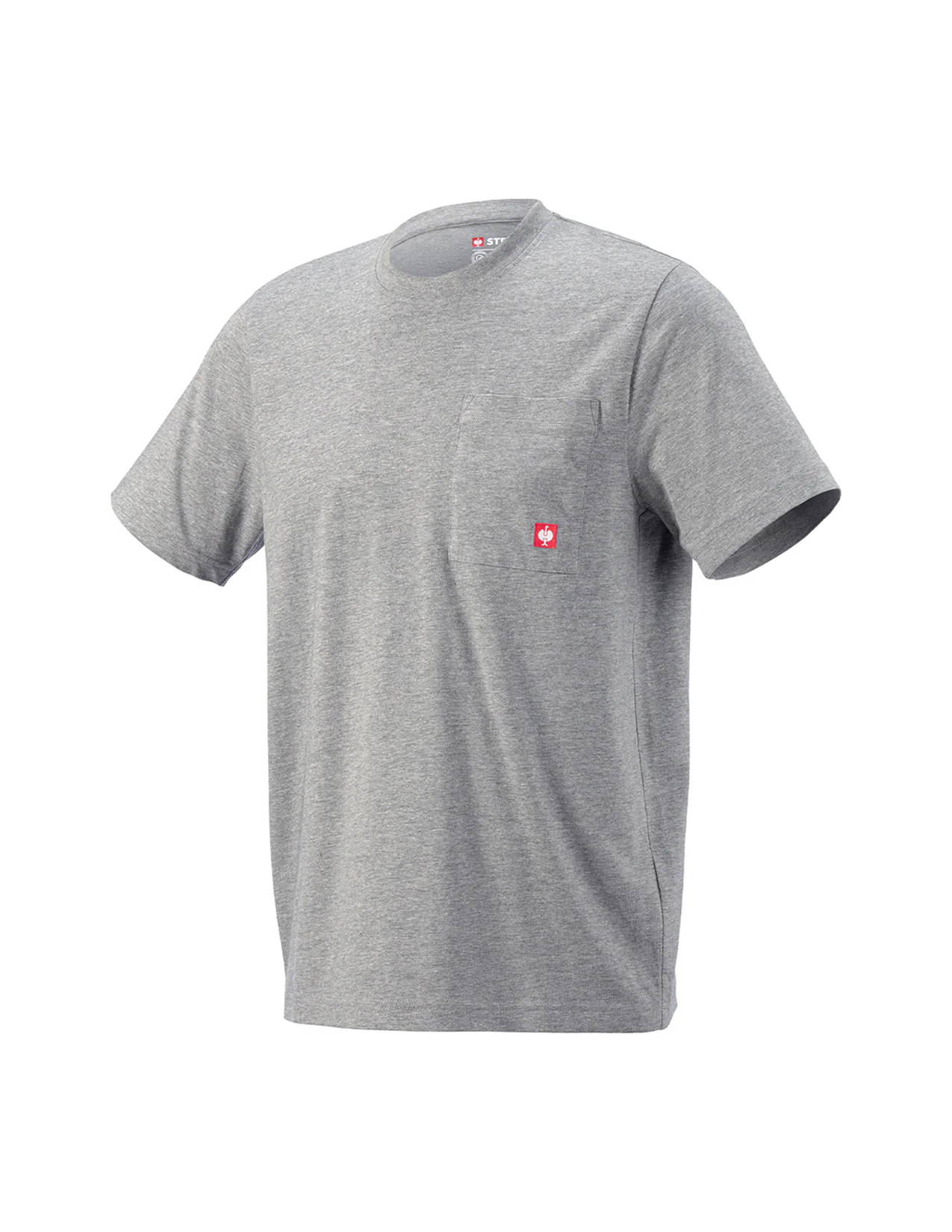 Grey t-shirt with a red logo on a white background