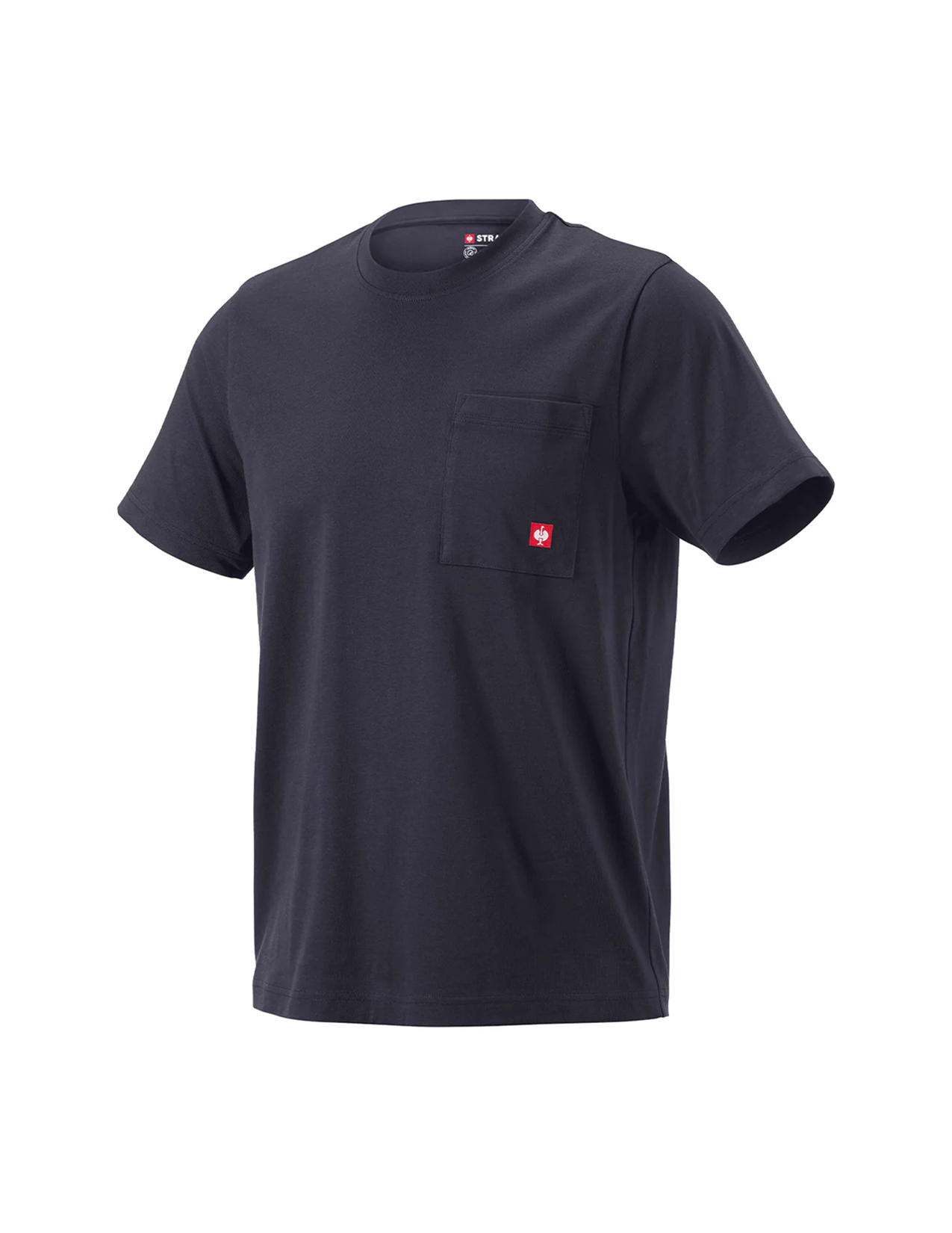 Navy blue t-shirt with a red logo on a white background