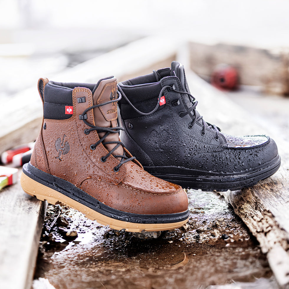 Brown and black boots on a wooden surface with a blurred background