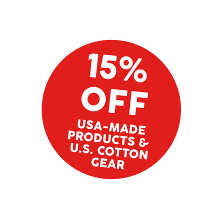 A red circular promotional badge on a white background with white text reading '15% OFF USA-MADE PRODUCTS & U.S.