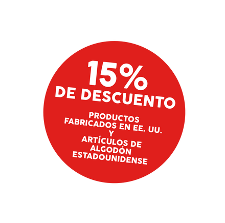 A red circular promotional badge with white Spanish text reading '15% DE DESCUENTO' and smaller text below about products made in the EU and American goods.