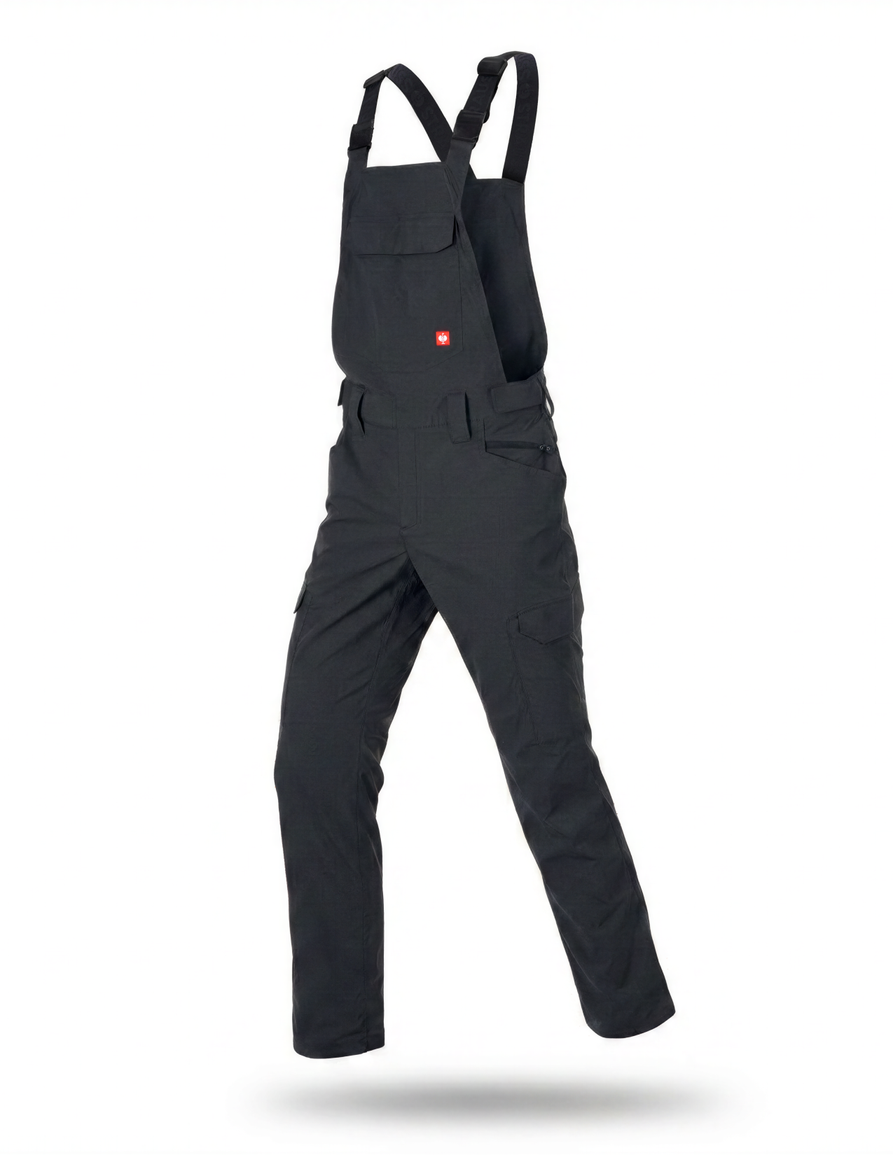flatlay of a cargo work bib in black on a white background