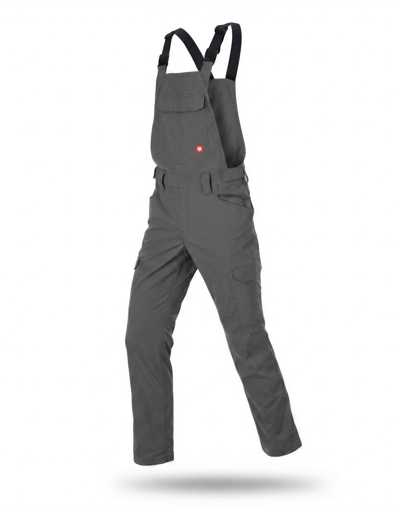 flatlay of a cargo work bib in gray on a white background