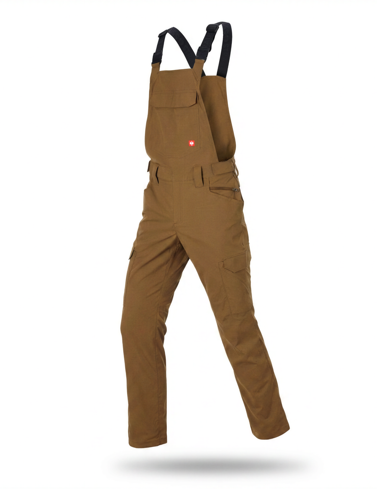 flatlay of a cargo work bib in almondbrown on a white background