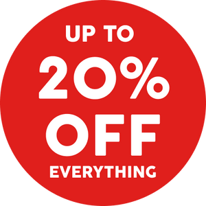Red circular discount sticker with 'Up to 20% Off Everything' text on a white background