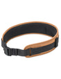 Belt with black strap and brown trim on a white background