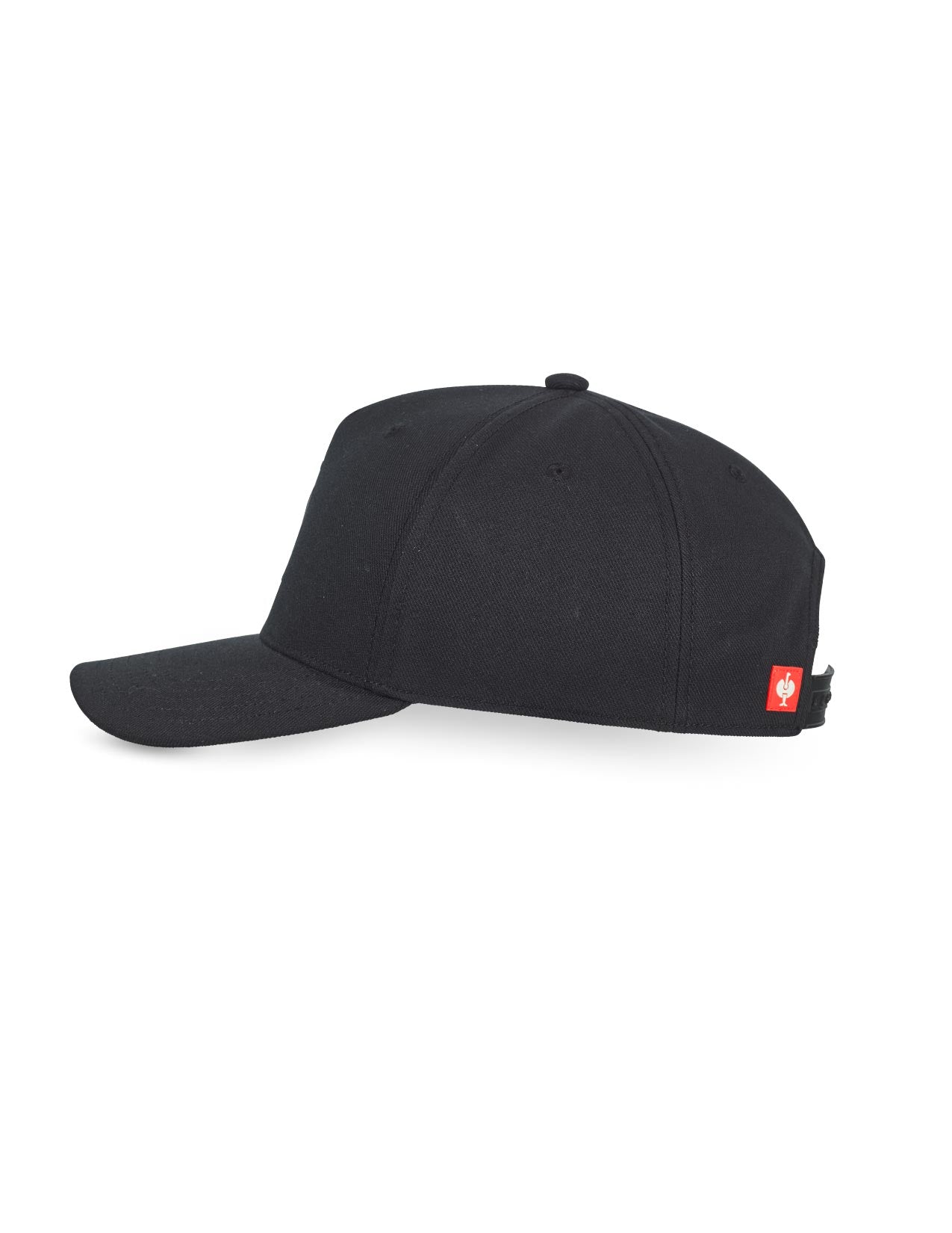 Black cap with a red label on a white background