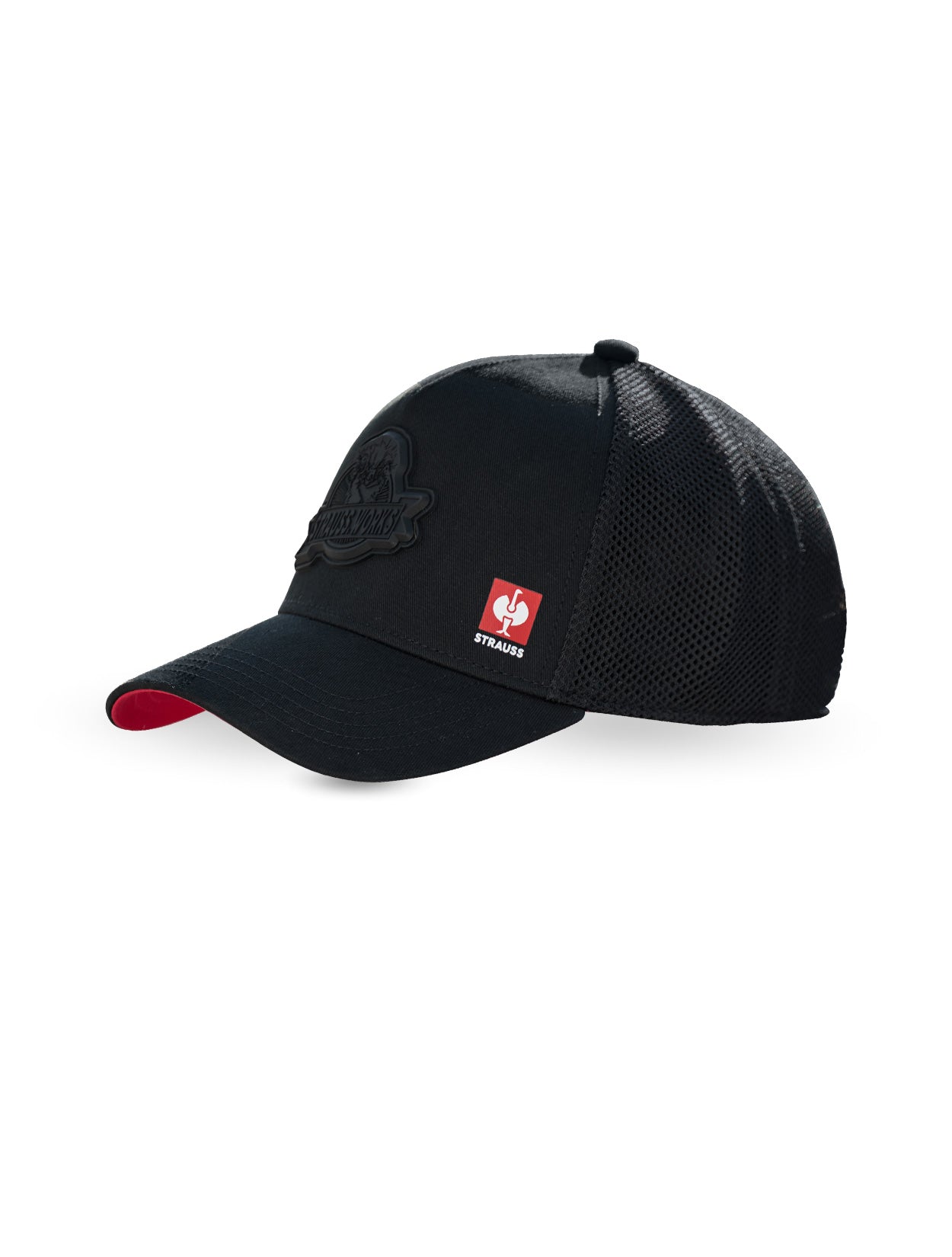 Black cap with a red logo on a white background