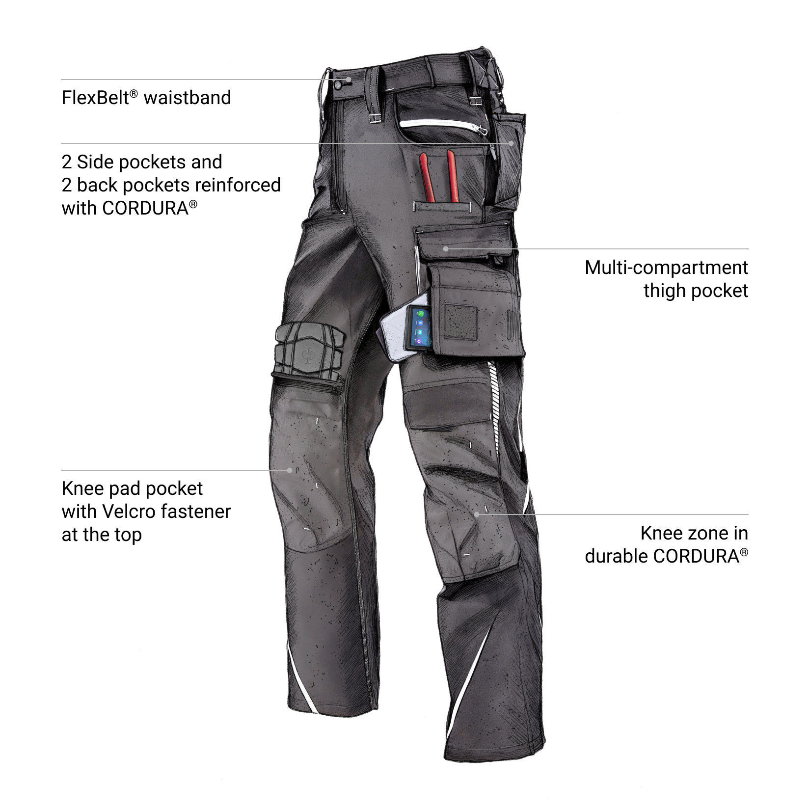 Black tactical pants with various compartments and features labeled on a white background