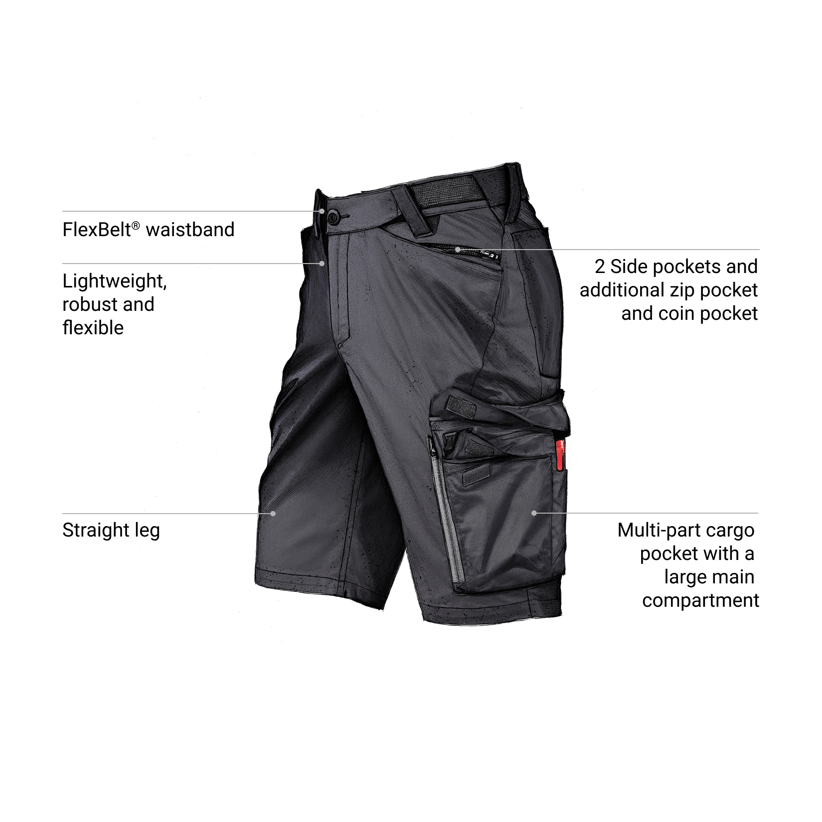 Black Cargo Work Shorts trail pure black with callouts highlighting features like the FlexBelt® waistband, large multi-part cargo pocket, and its lightweight, robust, and flexible material.