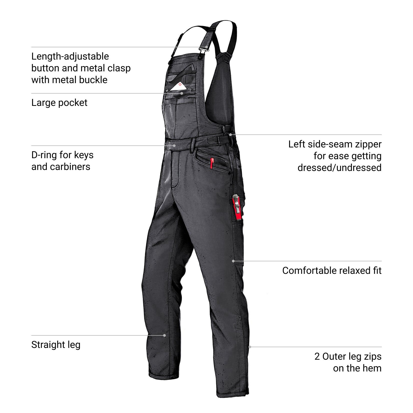 Black bib overalls with features highlighted on a white background