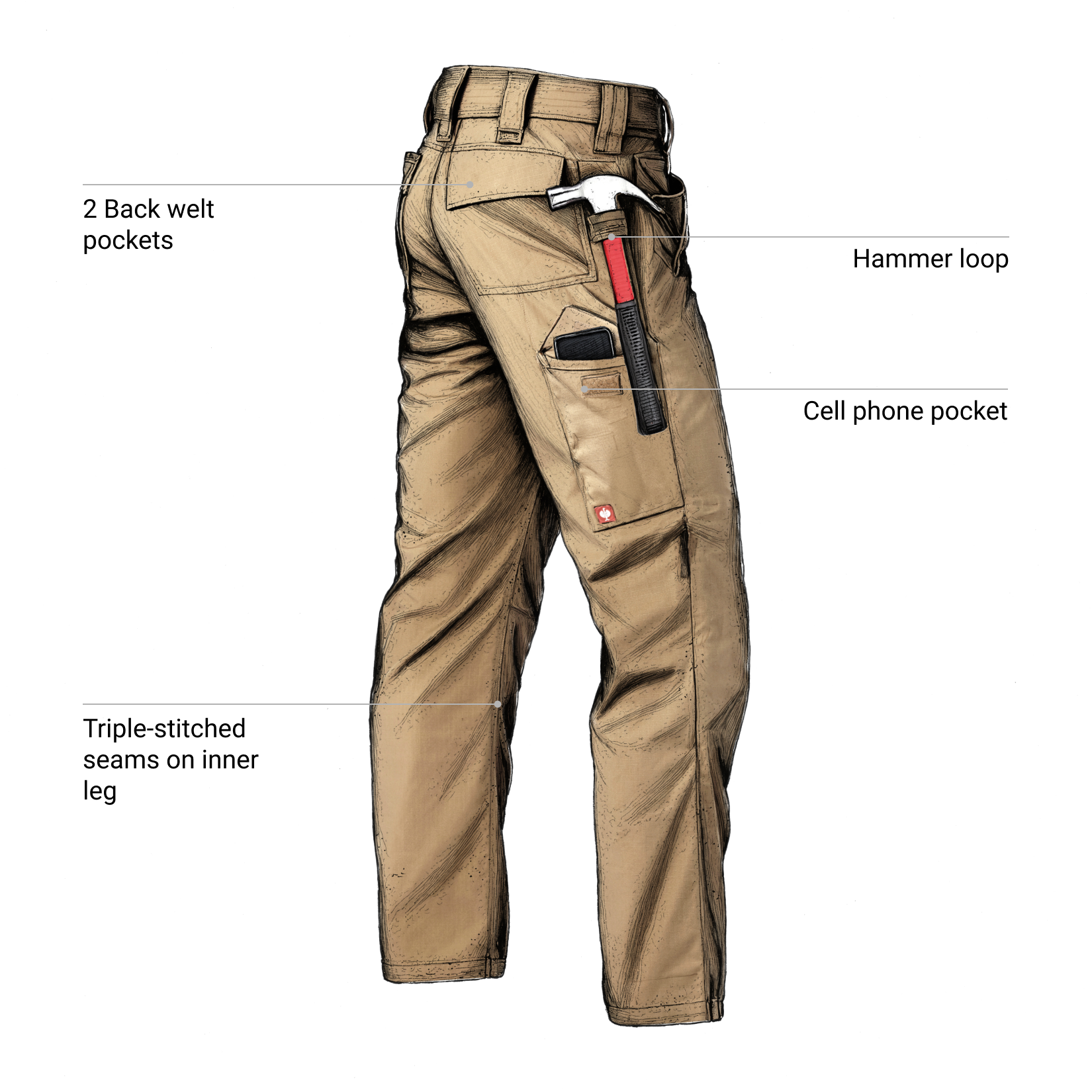 Ripstop Cargo Work Pants almondbrown, shown from the back, highlighting features like the two back welt pockets, hammer loop with a hammer, dedicated cell phone pocket, and triple-stitched seams on the inner leg.