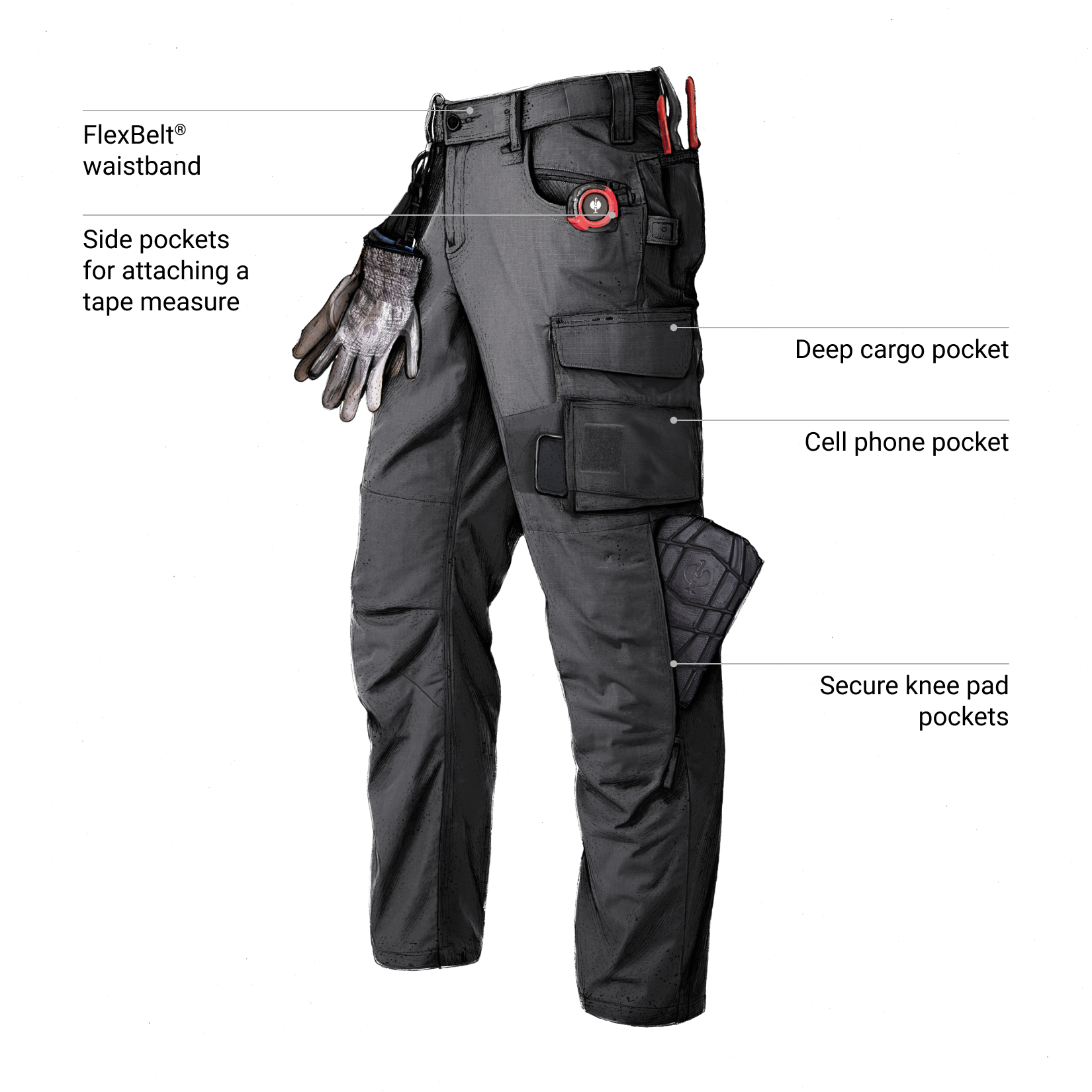 Ripstop Cargo Work Pants black, featuring callouts for the FlexBelt® waistband, side pockets with attached gloves, a deep cargo pocket, a cell phone pocket, and secure knee pad pockets.