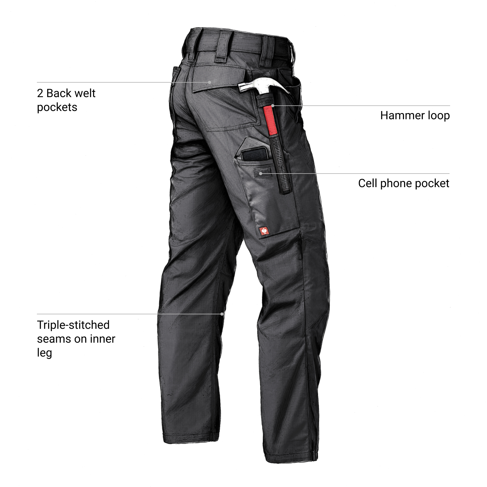 Ripstop Cargo Work Pants black, shown from the back, highlighting features like the two back welt pockets, hammer loop with a hammer, dedicated cell phone pocket, and triple-stitched seams on the inner leg.