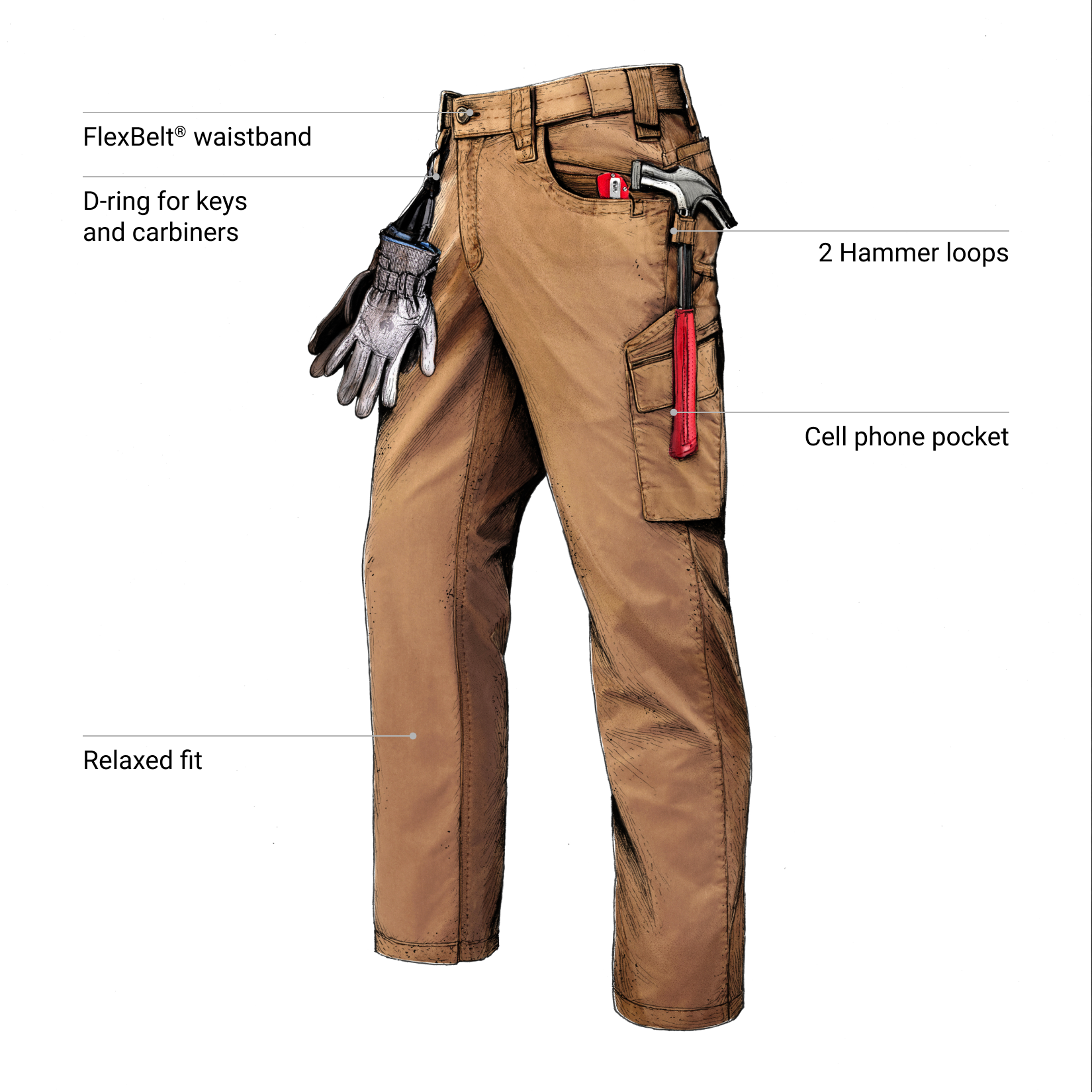 Almondbrown Twill cargo work pants with feature call outs.