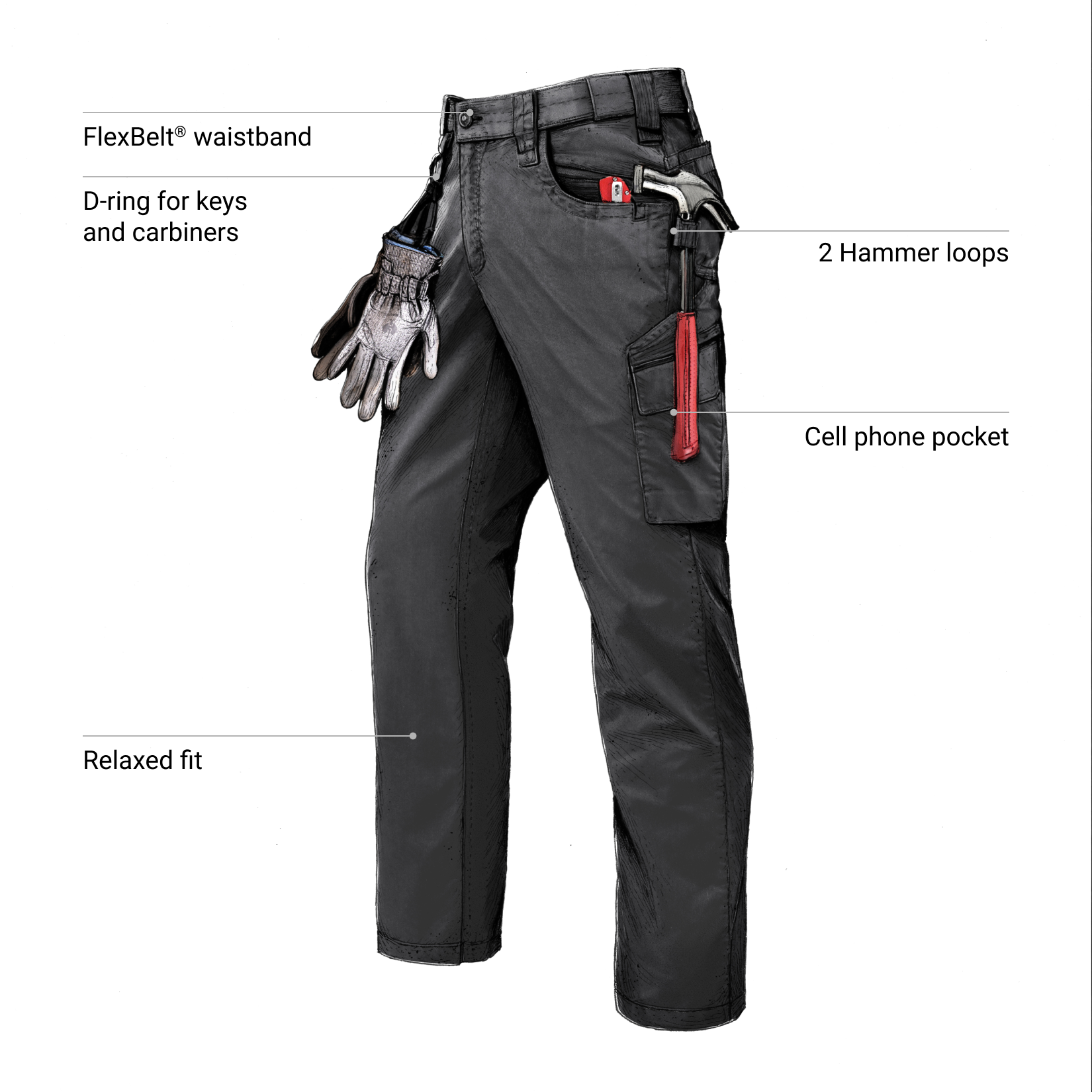 Black Twill cargo work pants with feature call outs. 