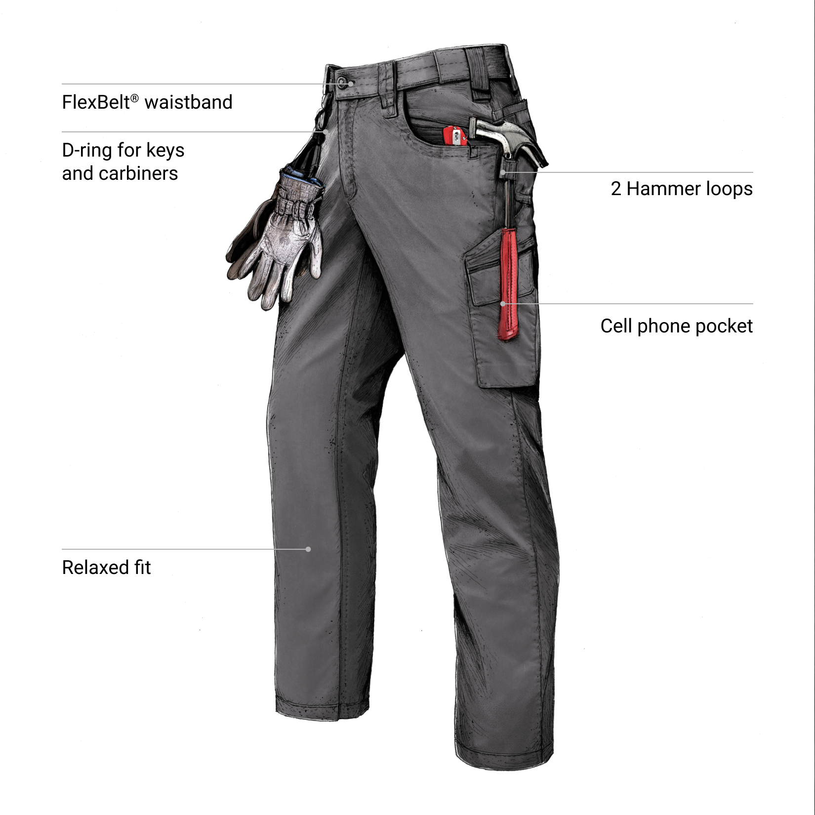 Carbongray Twill cargo work pants with feature call outs. 