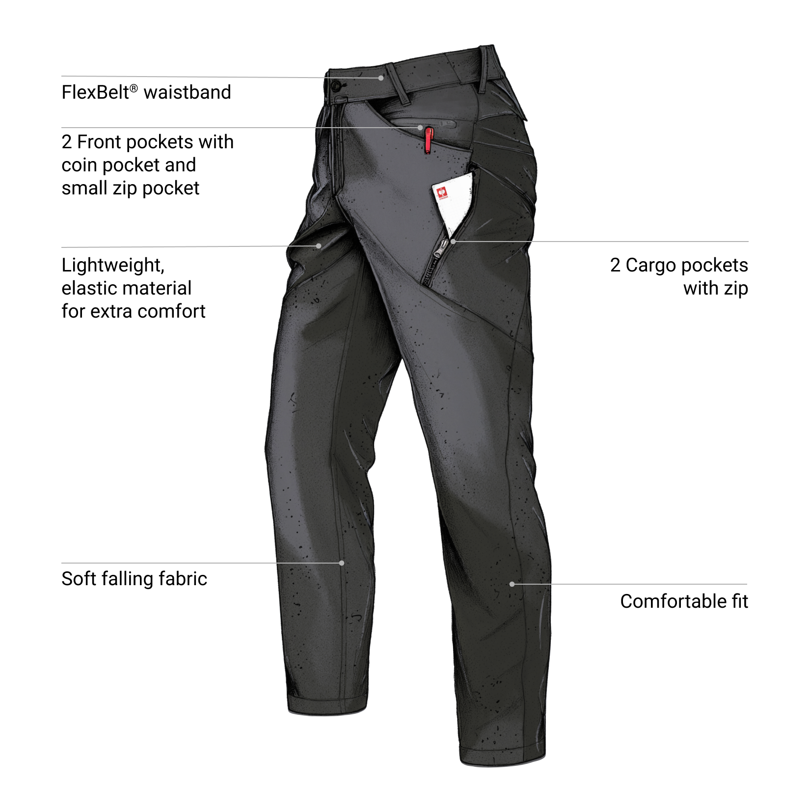 Black pants with features highlighted on a white background