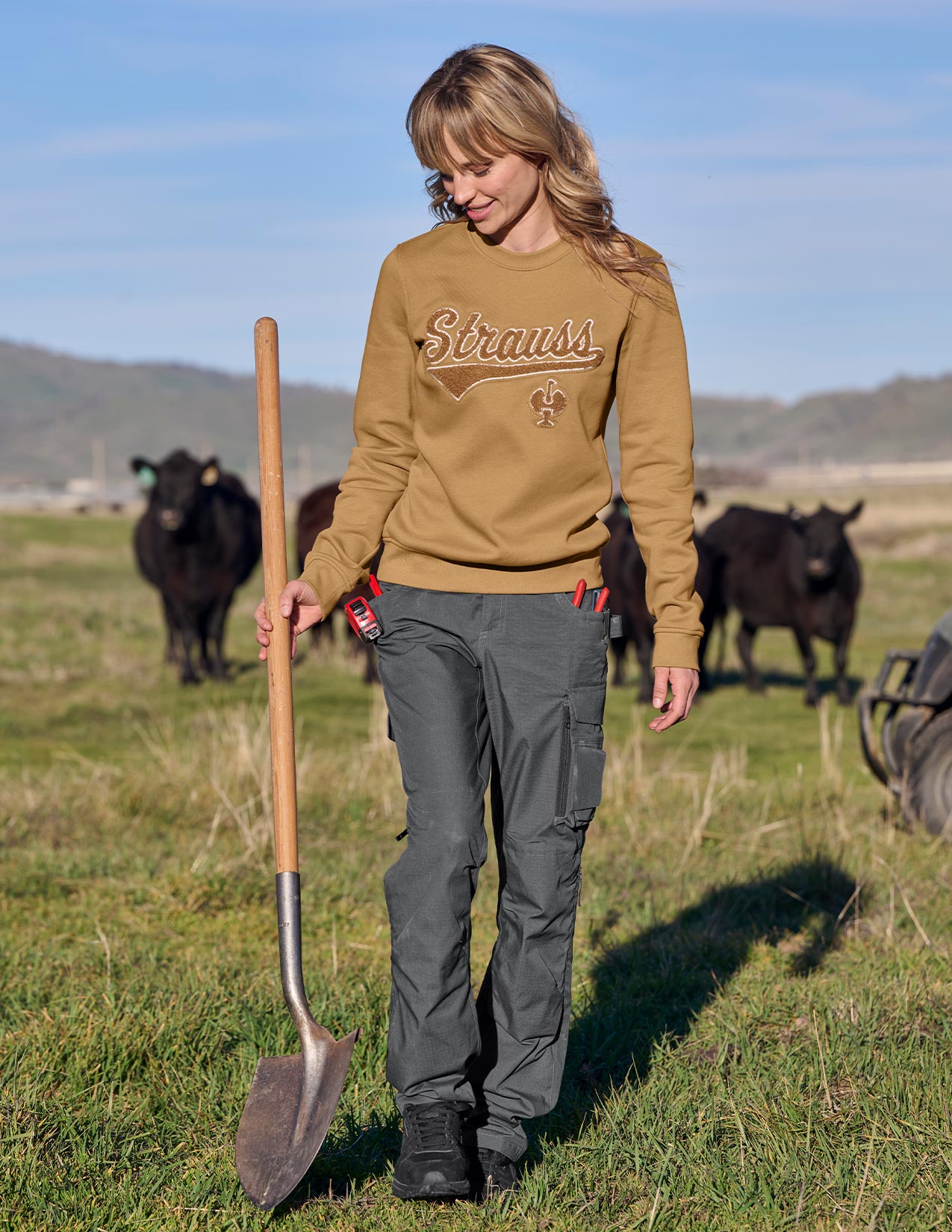 Person wearing a brown sweatshirt with 'Strauss' logo, holding a shovel in a field with cows.