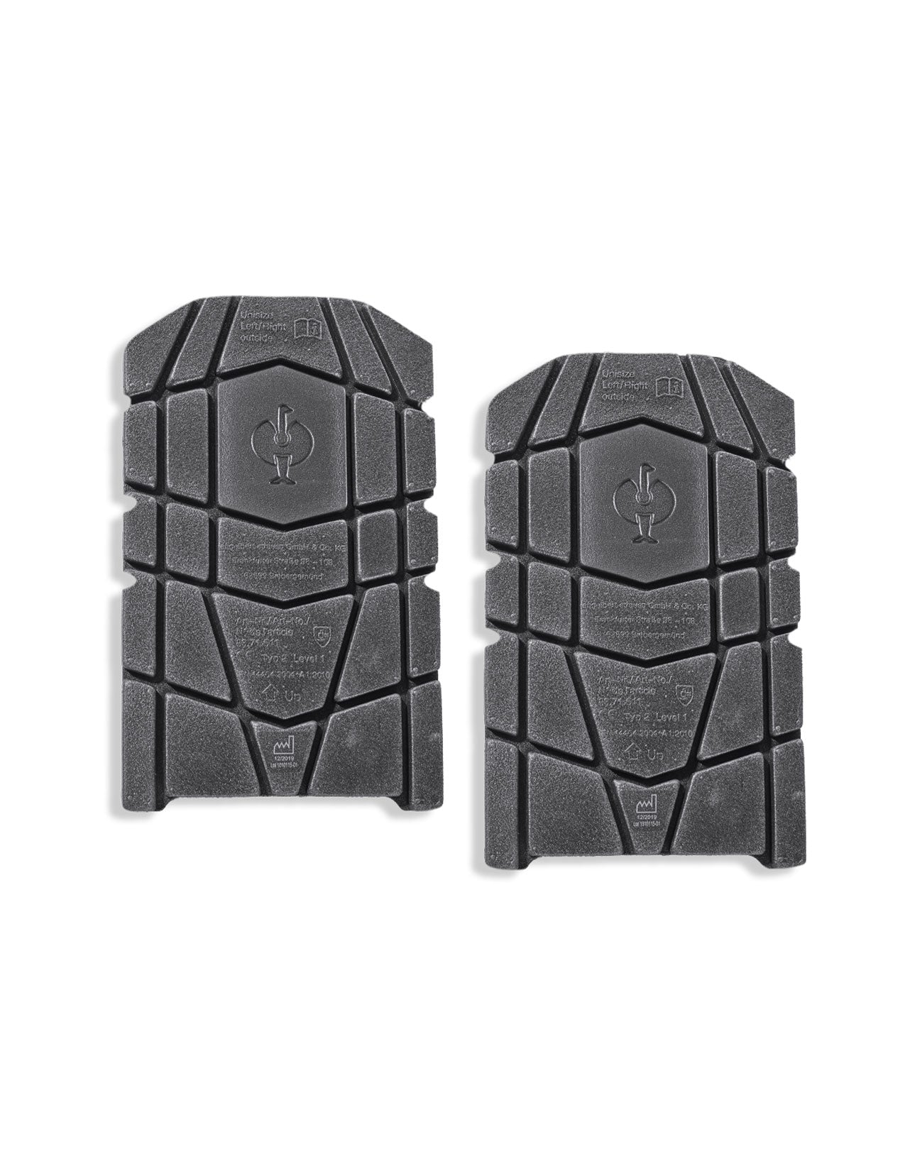 Two gray protective pads with textured surface on a white background