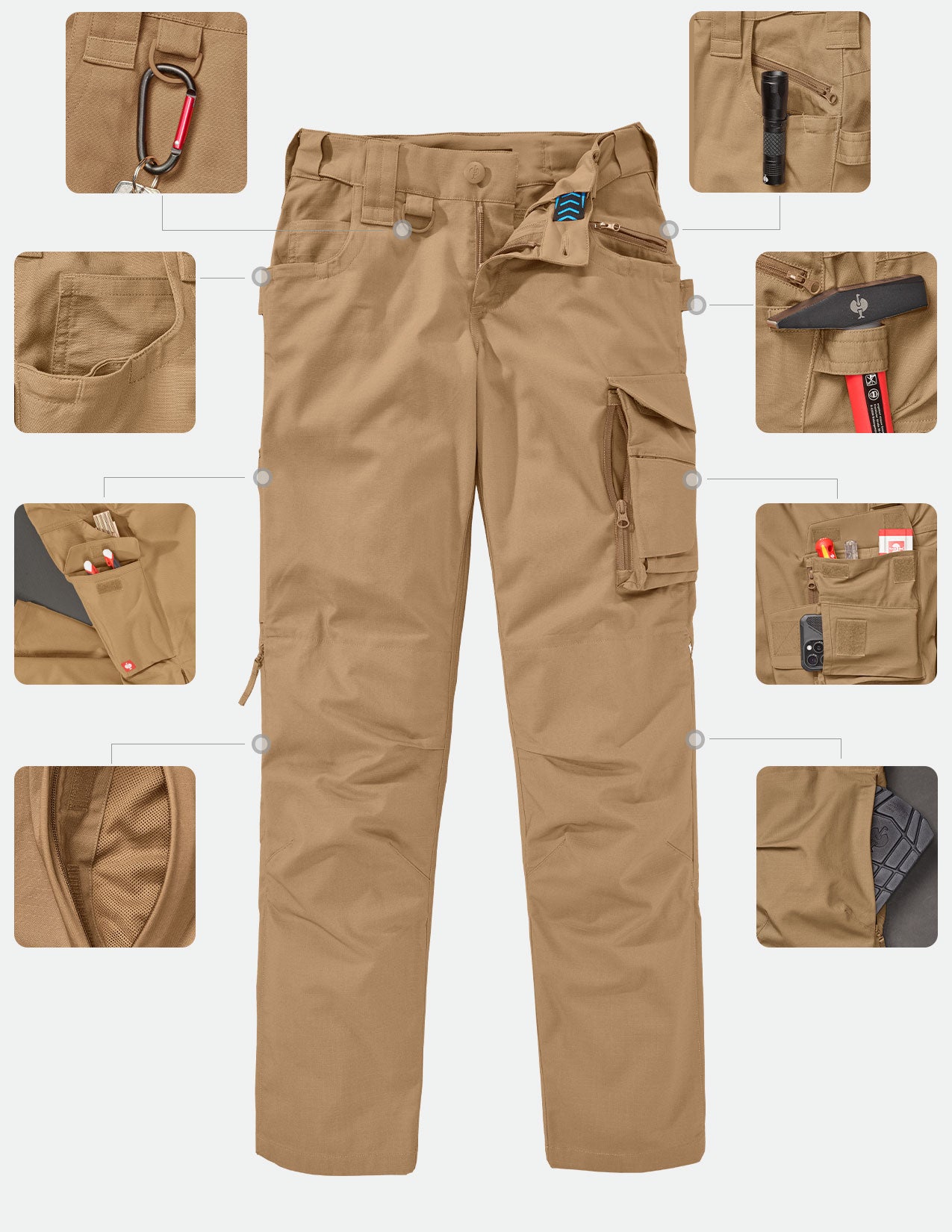 Brown tactical pants with multiple pocket closures on a white background