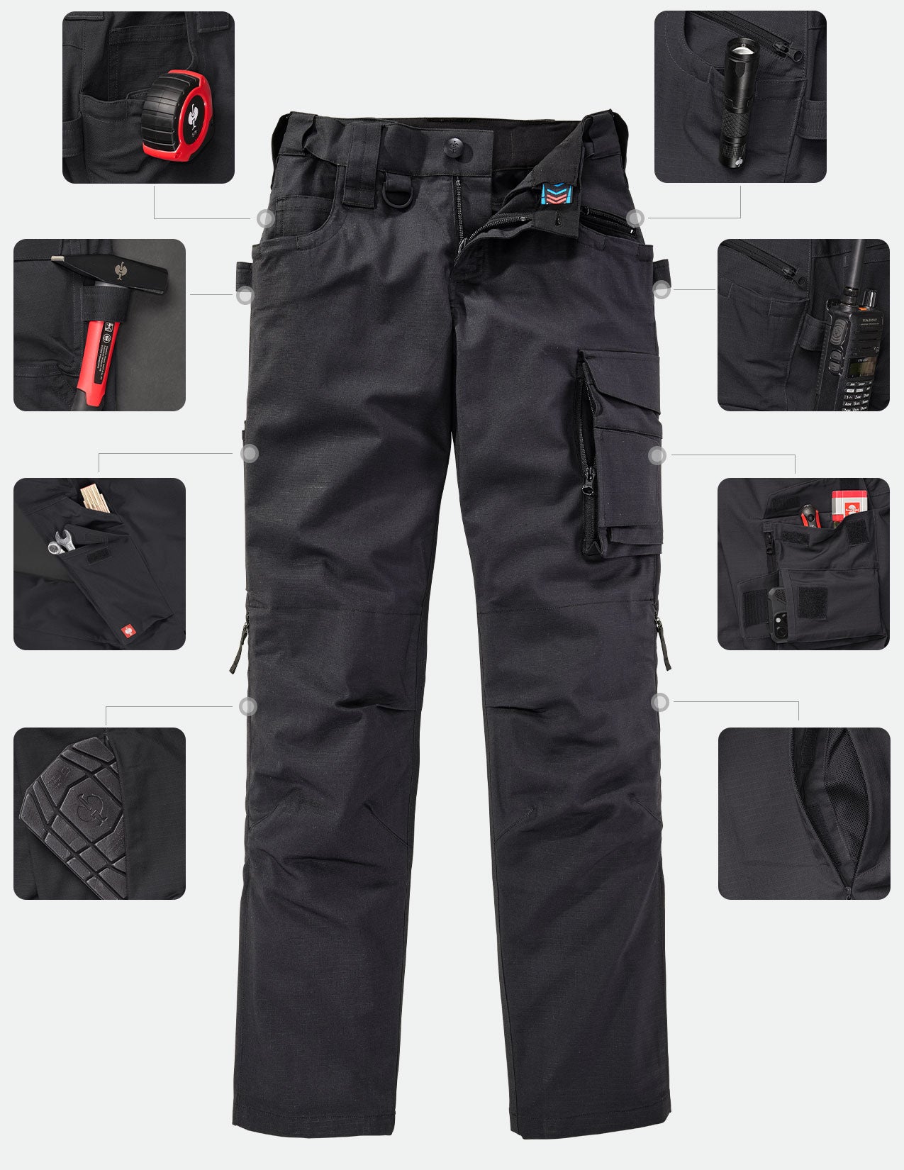 Black tactical pants with multiple feature shots on a white background