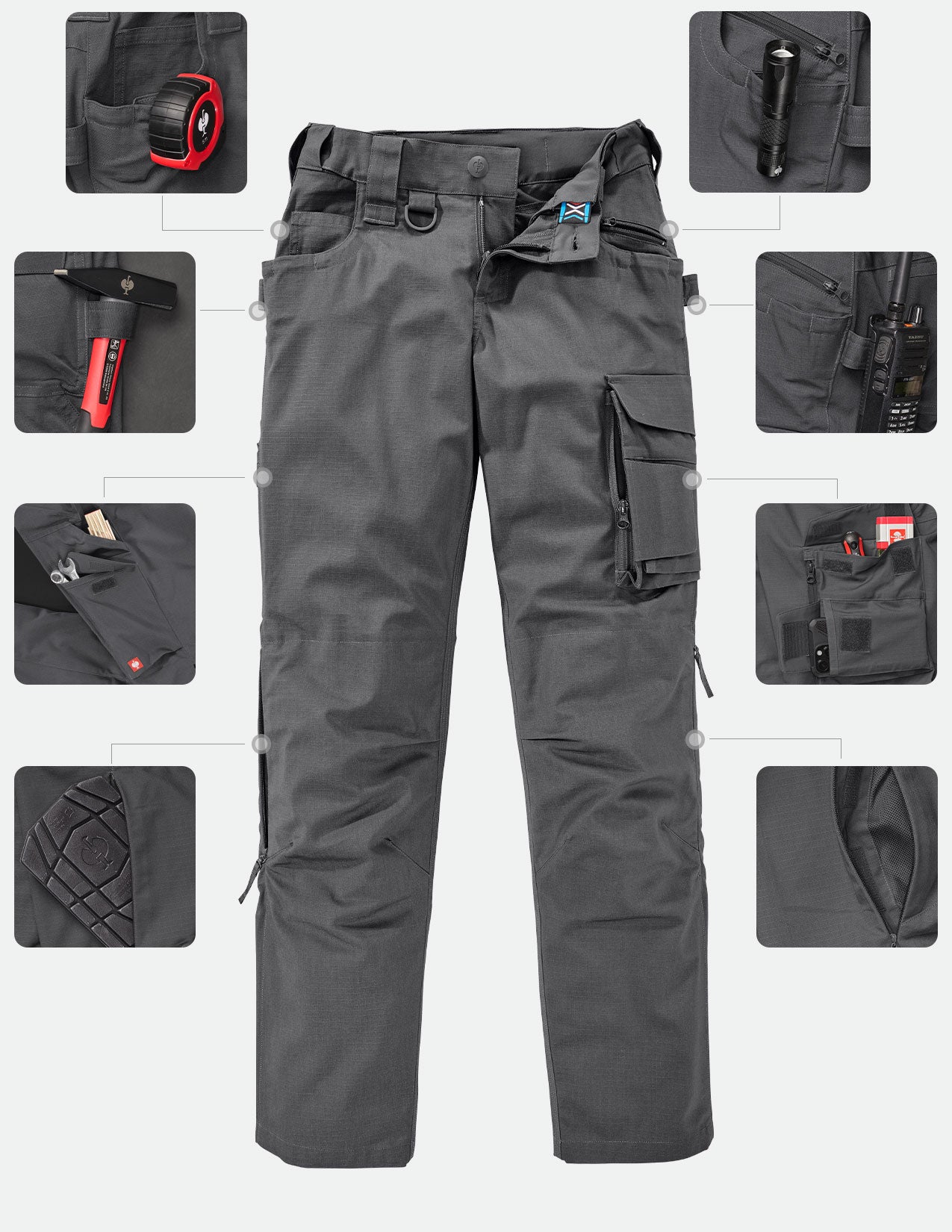 Gray tactical pants with multiple pockets and features on a white background