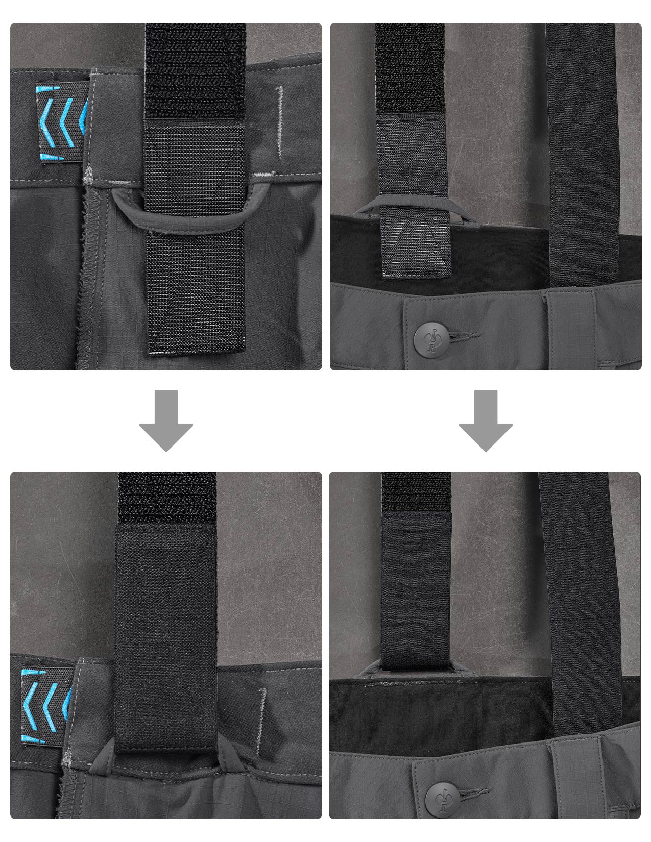 The image shows how to attach the suspenders to the trousers