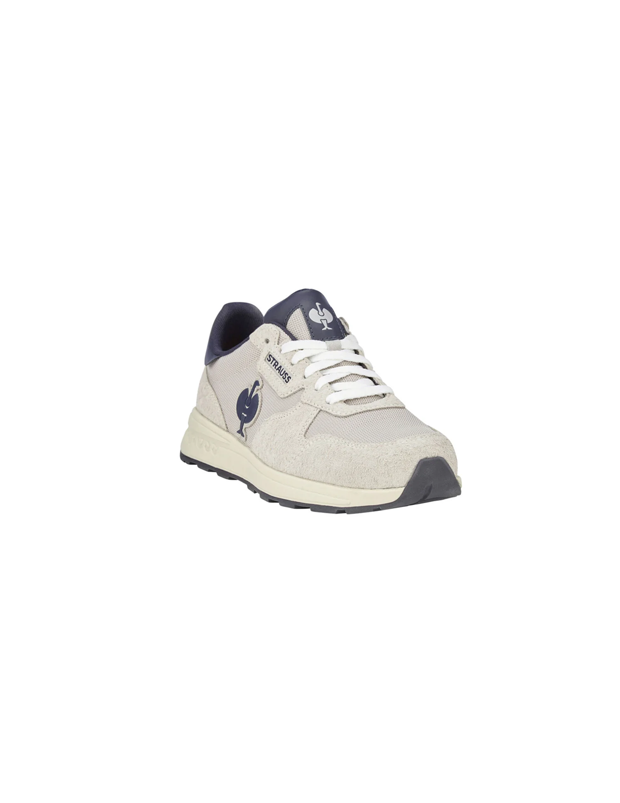 White sneaker with blue accents on a white background