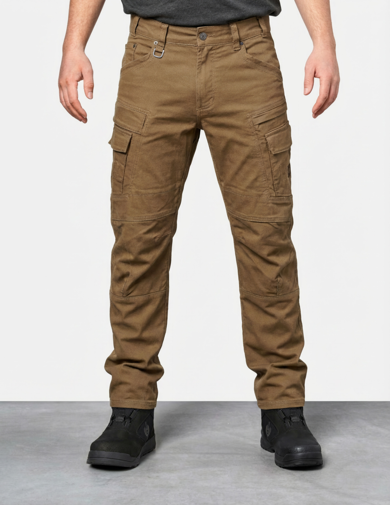 Sepia cargo work pants worn by a person on a white background