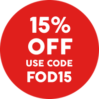 A red circular promotional badge with white text reading '15% OFF' and 'USE CODE FOD15'.