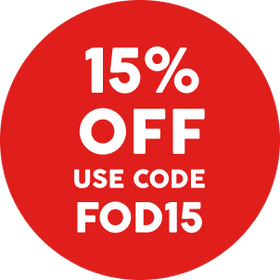 A red circular promotional badge with white text reading '15% OFF' and 'USE CODE FOD15'.