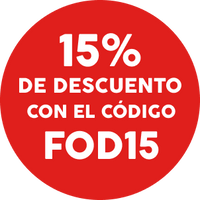 A circular red promotional badge with white Spanish text reading '15% DE DESCUENTO CON EL CÓDIGO FOD15'.