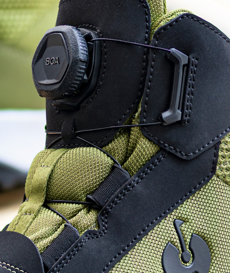 Close-up of STRAUSS Murcia 6-inch Steel Toe Work Boot showing the BOA Fit System, collar, and upper material.