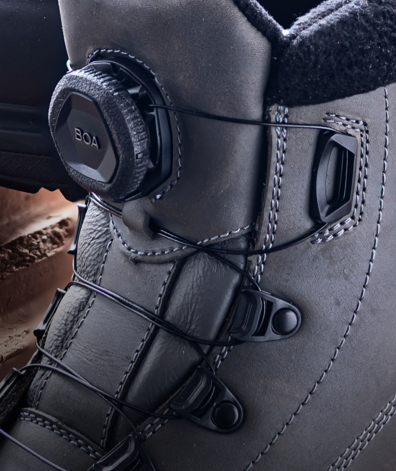 Close-up of STRAUSS Woodside 6-inch Steel Toe Work Boot showing the BOA Fit System, collar, and upper material.