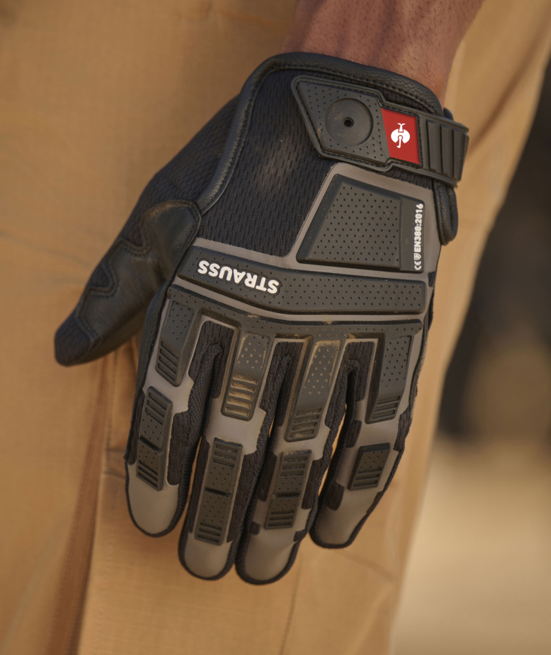 STRAUSS Assembly Protection Gloves shown with reinforced fingers and grip detail.