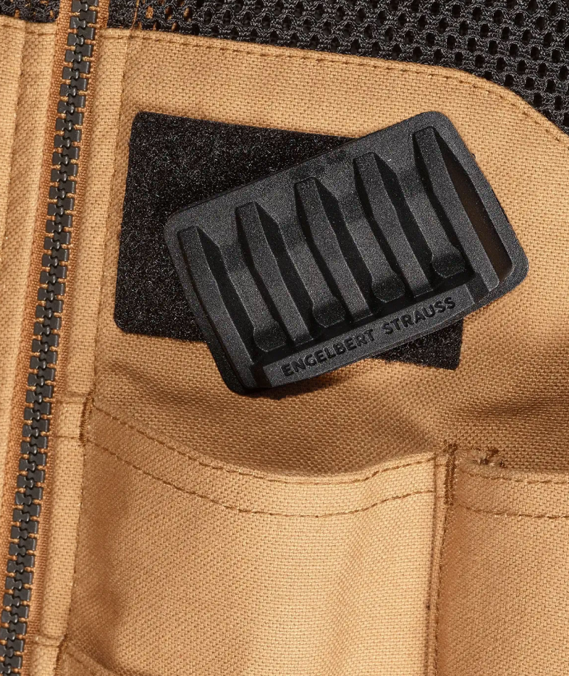 Close-up of STRAUSS e.s.iconic Tool Vest showing chest pockets and tool storage.