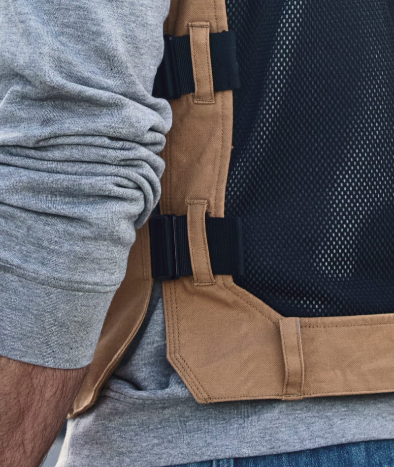 Close-up of STRAUSS e.s.iconic Tool Vest showing chest pockets and tool storage.
