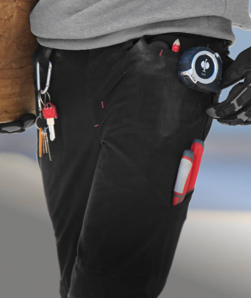 Close-up of STRAUSS 1620 Worker Pants showing cargo pockets and tool storage.