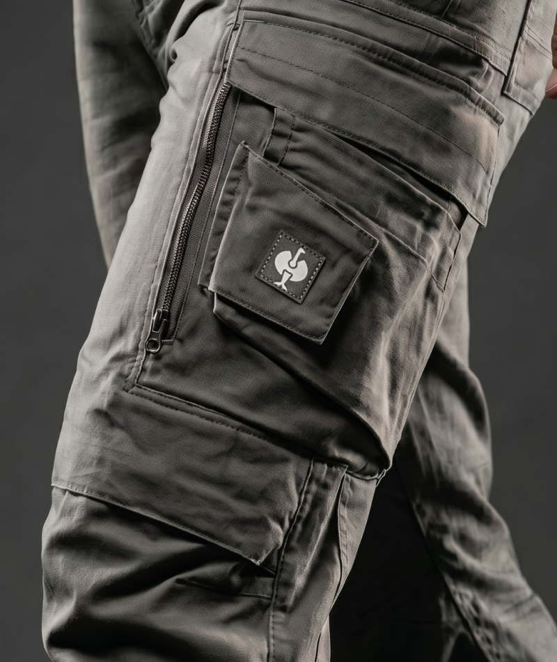 Close-up of STRAUSS e.s.motion ten Cargo Work Pants showing knee panel and pocket construction.