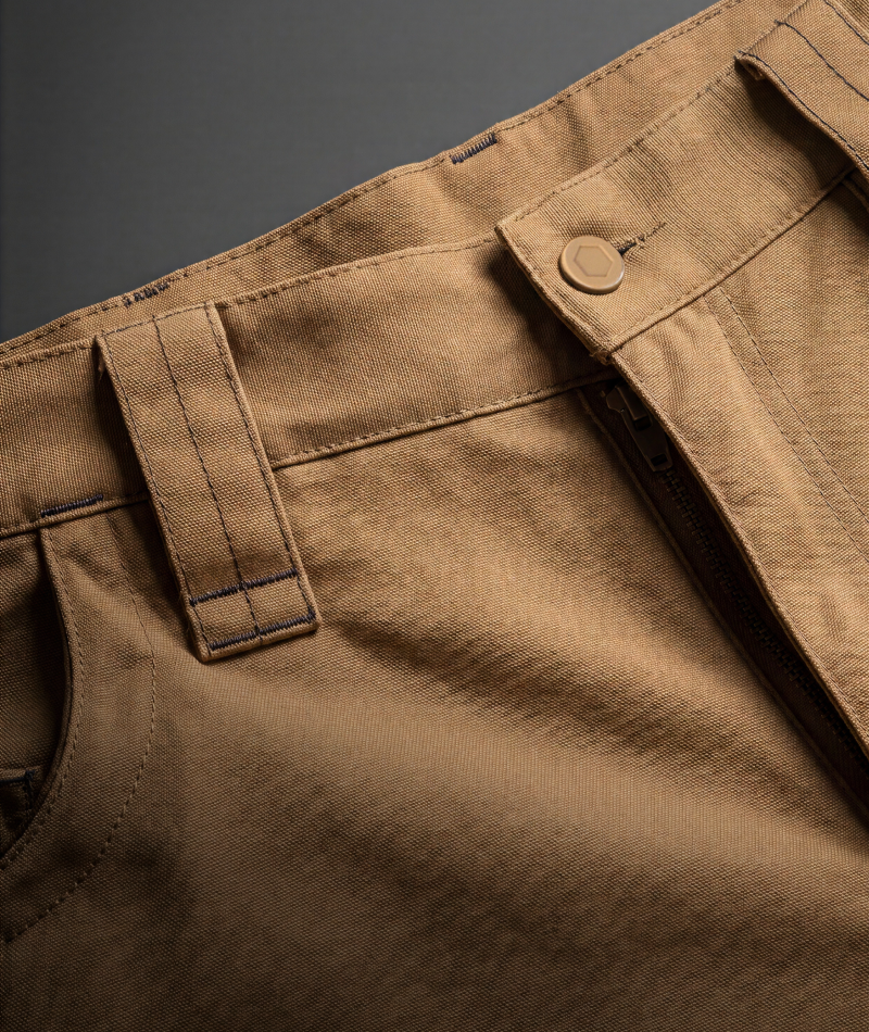 Close-up detail shot of brown trousers showing the waistband, belt loops, button closure, and front seam stitching against a dark gray background.