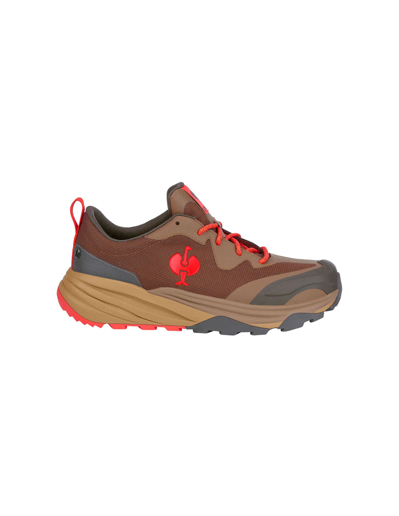 Brown and red athletic shoe on a white background
