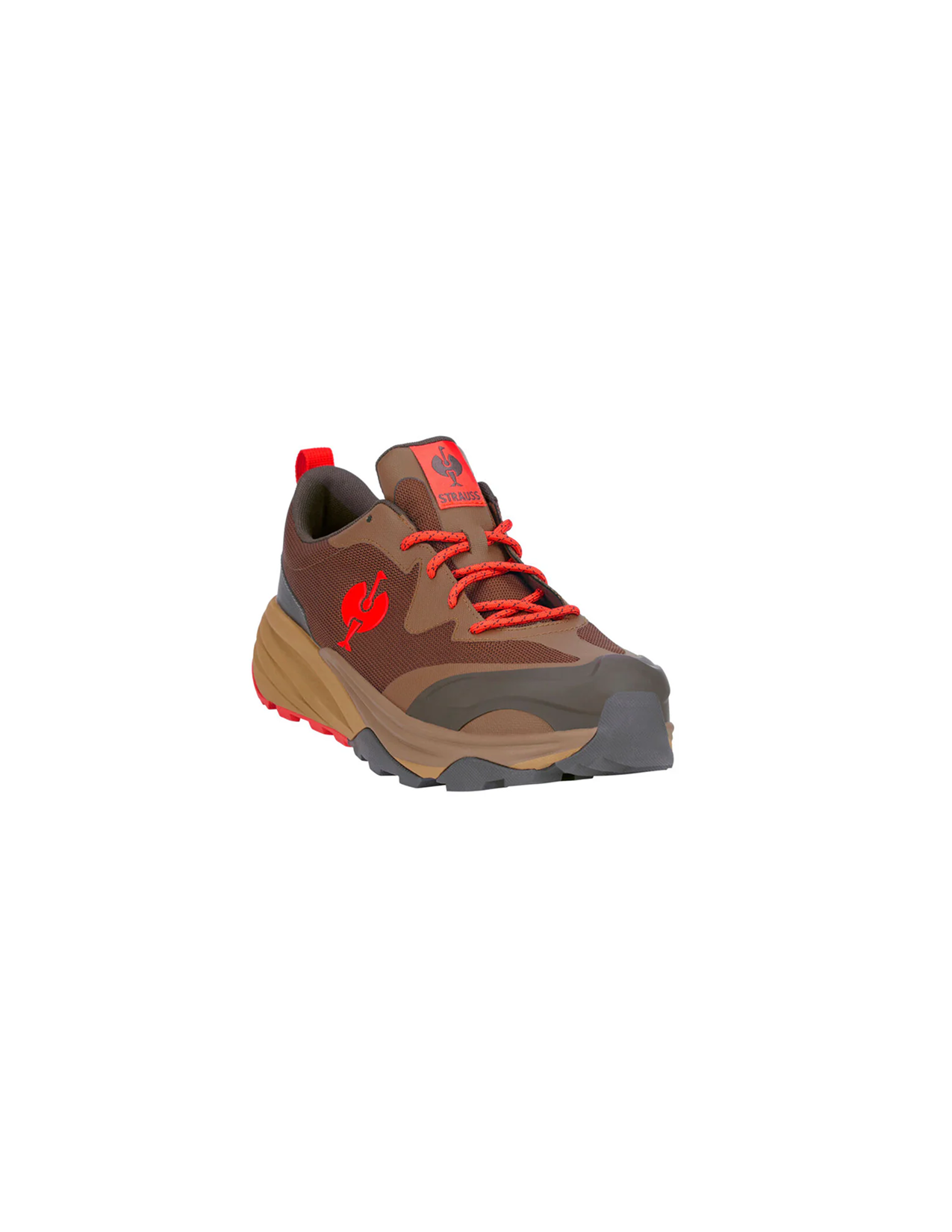Brown and red athletic shoe on a white background