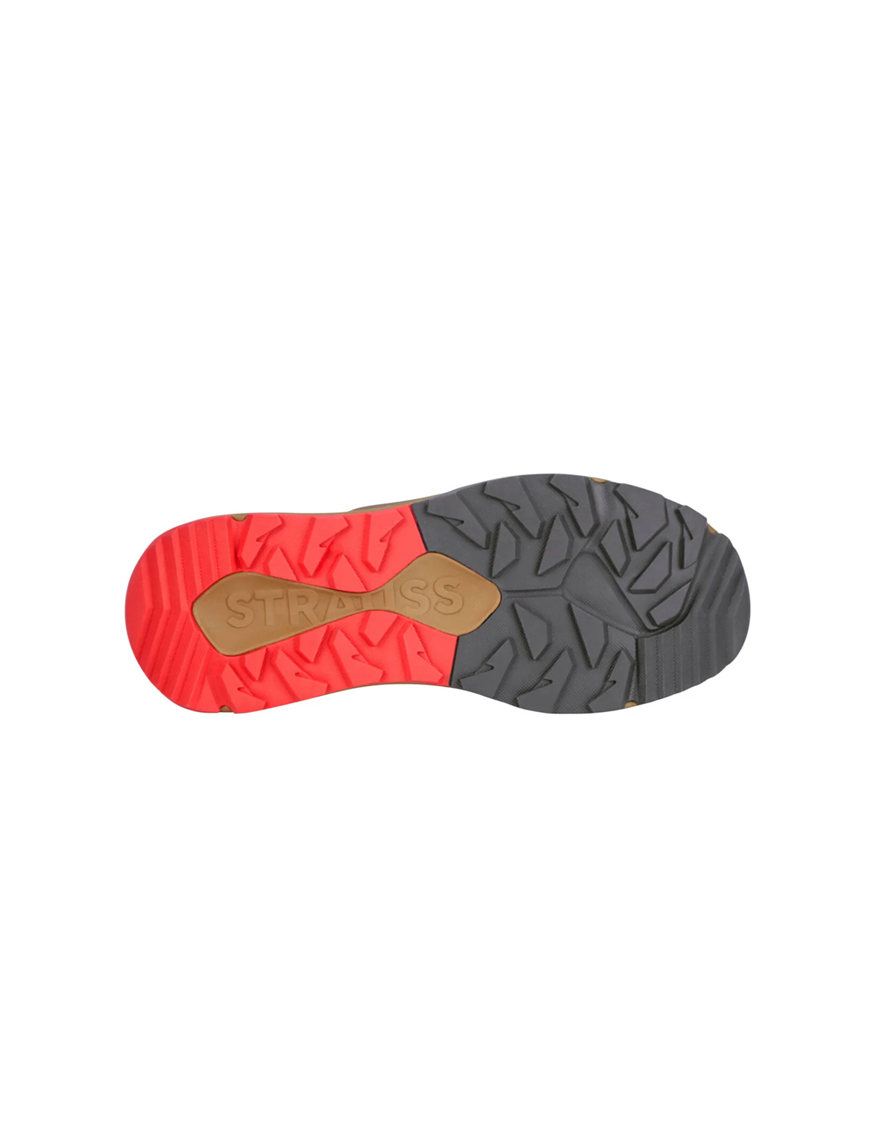 Close-up of a shoe sole with red, black, and brown color pattern on a white background