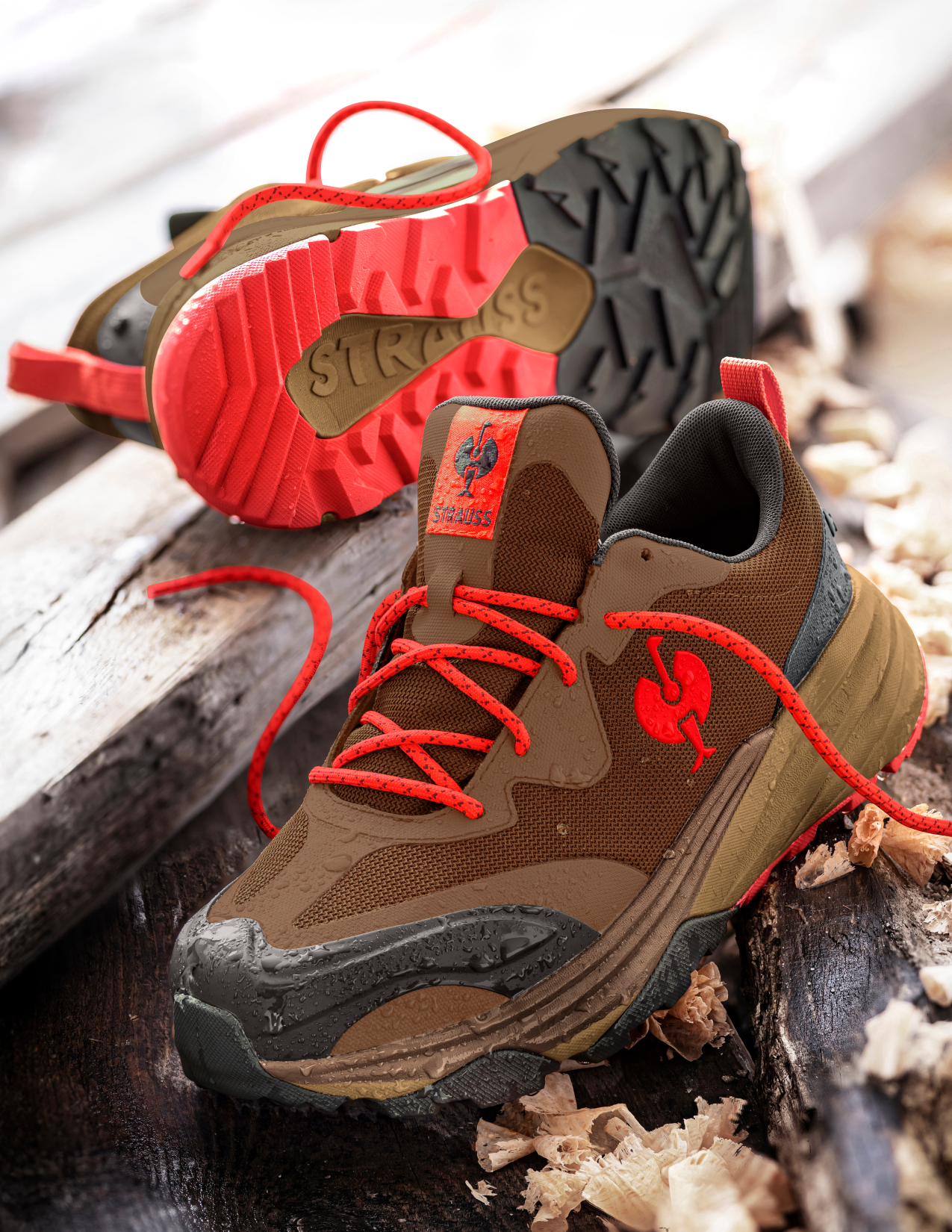 Brown shoes with red laces on a wooden surface
