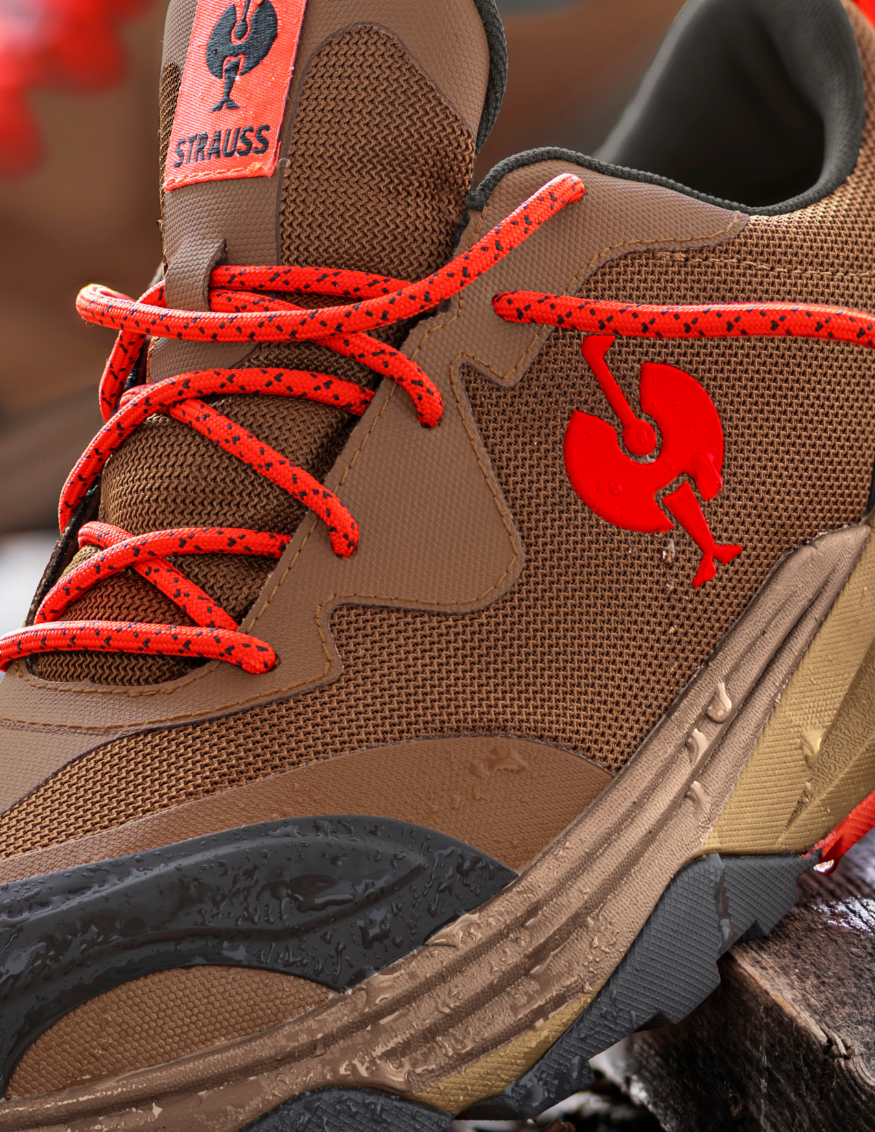 Brown shoe with red laces and visible brand logo on a blurred background