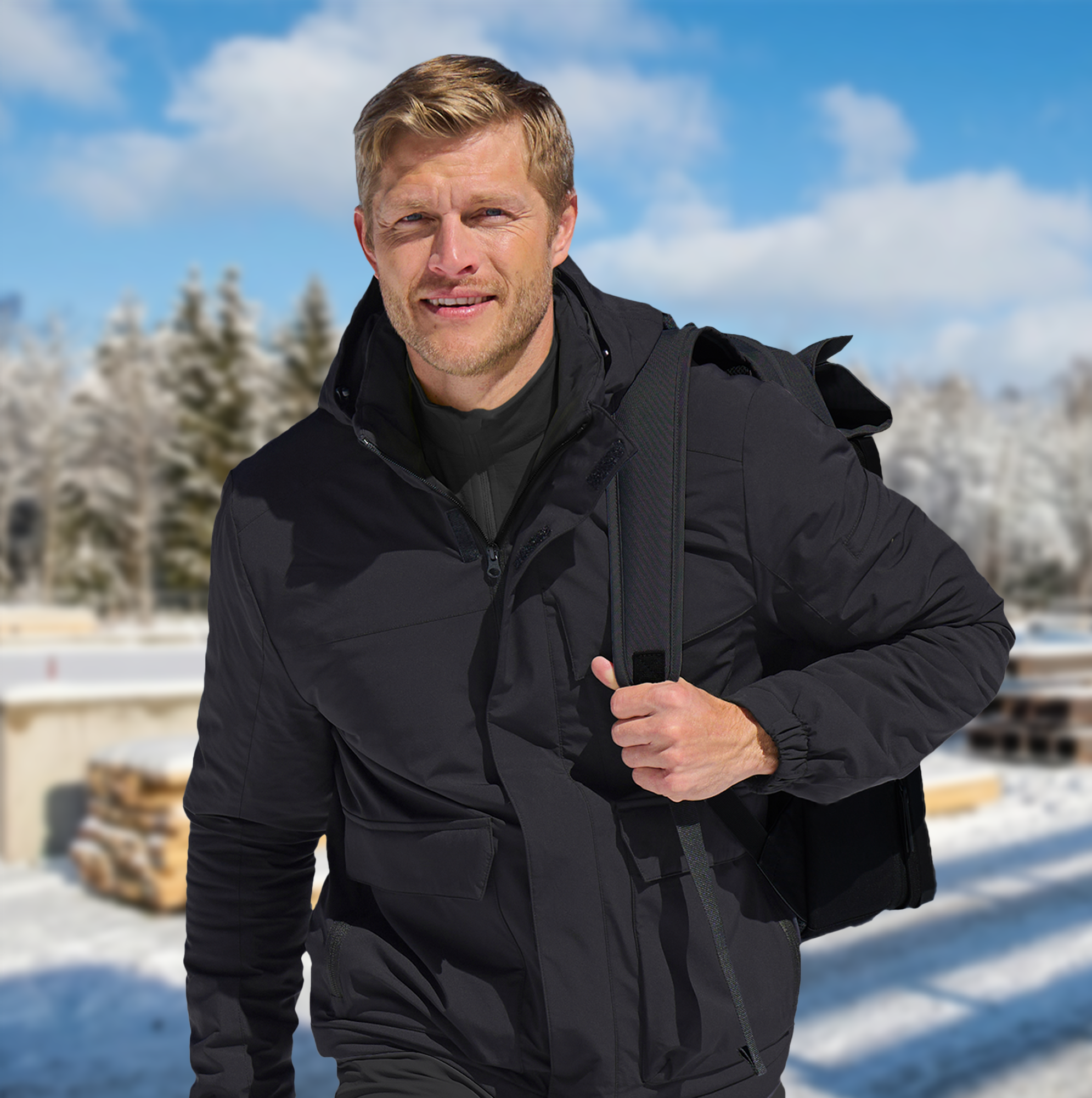 a man walking on a snowy construction site