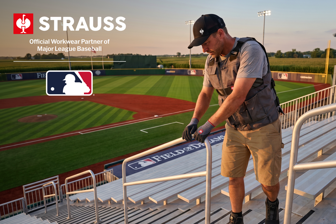 A man in baseball stadium seating wears a Strauss tool vest and cap while leaning on a stadium railing, with a baseball field in the background and Strauss and MLB logos overlaid in the top left.
